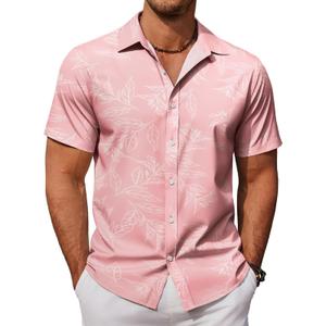 COOFANDY Mens Hawaiian Shirts Short Sleeve Button Down Aloha Shirt Casual Beach Clothes (Pink, M)