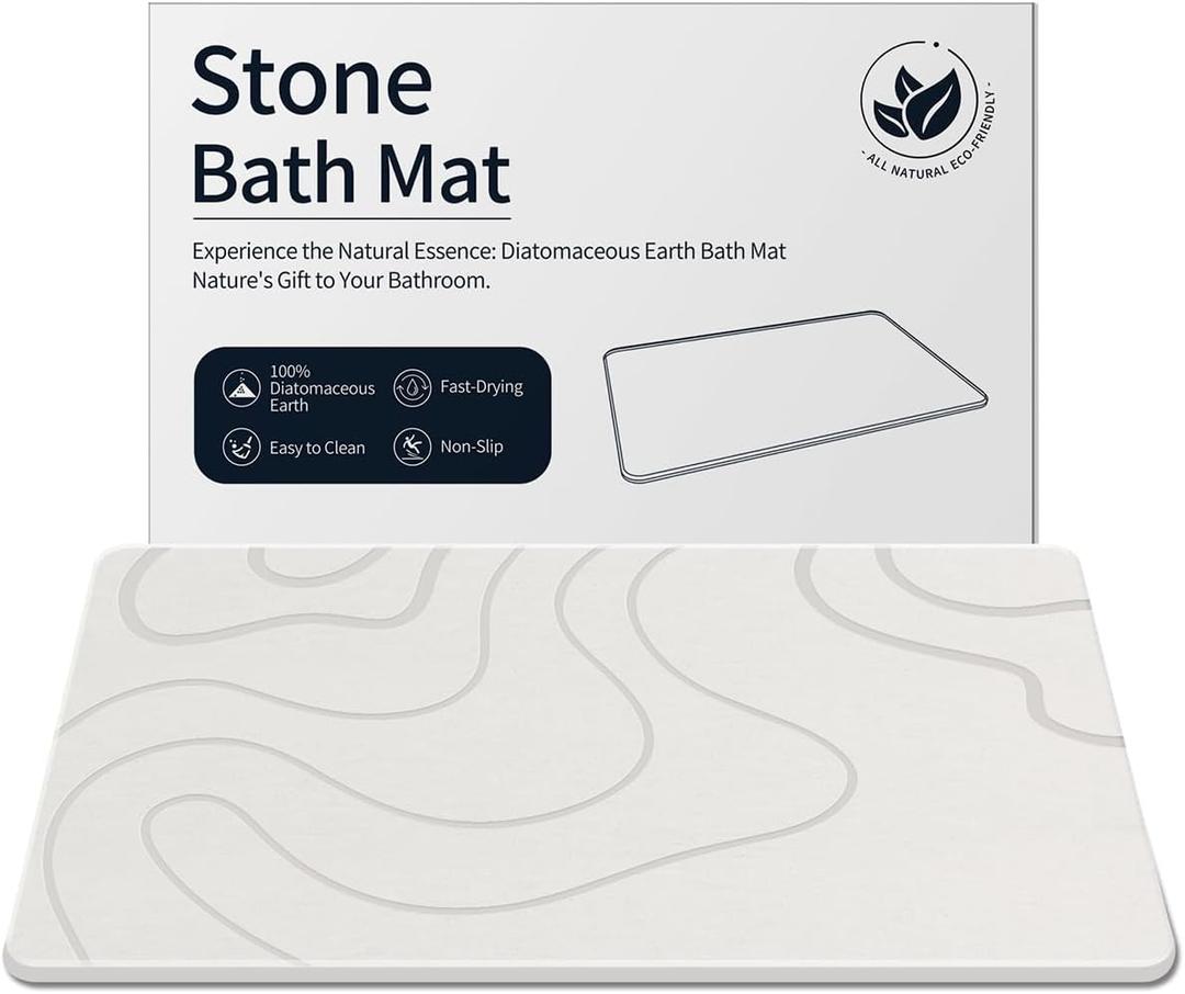 ZIKIBL Stone Bath Mat Diatomaceous Earth Shower Mat Non-Slip Super Absorbent Diatomite Stone Mats for Bathroom Floor/Ktichen Cuonter Quick-Drying Easy to Clean (24''*16''White)