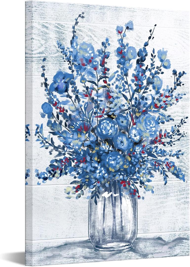 Nachic Wall Navy Blue Flower Canvas Wall Art Large Abstract Bouquet in Vase Artwork Prints for Teen Girl Bedroom Floral Pictures Bathroom Decor 16" x 24"