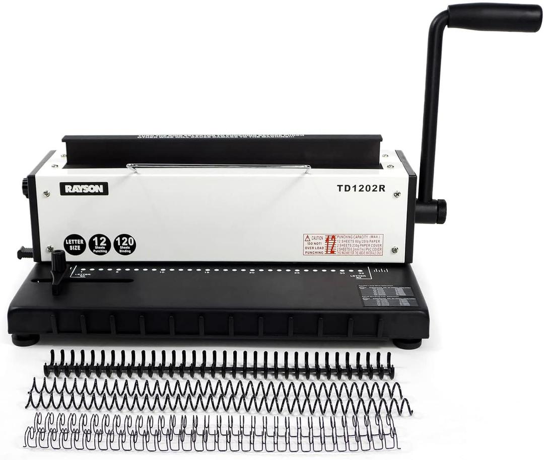 Rayson TD1202R Wire Binding Machine, 3:1 Pitch Round Hole Coil Binder Hole Punch, Compatible with Wire, Spiral, and Click Binding Spines, 32-Hole Punch, Punches 12 Sheets, Binds 120 Sheets