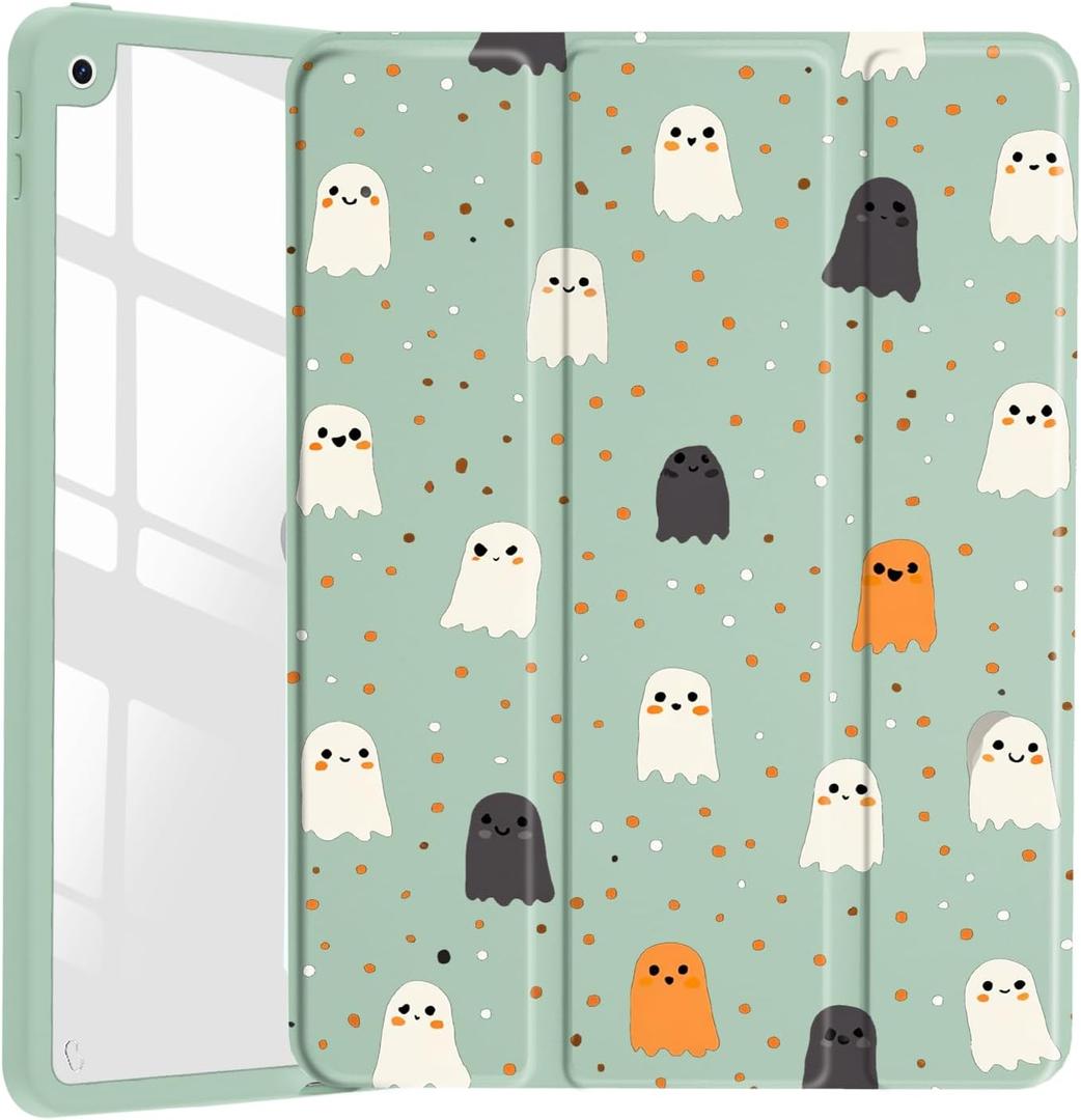 Cute Spooky Ghost for iPad Air 11" M3(2025)/M2(2024),iPad Air 5th/4th Gen 10.9" Halloween Spirit Clear Hard Back Hybrid Case,with Pencil Holder Trifold Stand Tablet Cover for Women