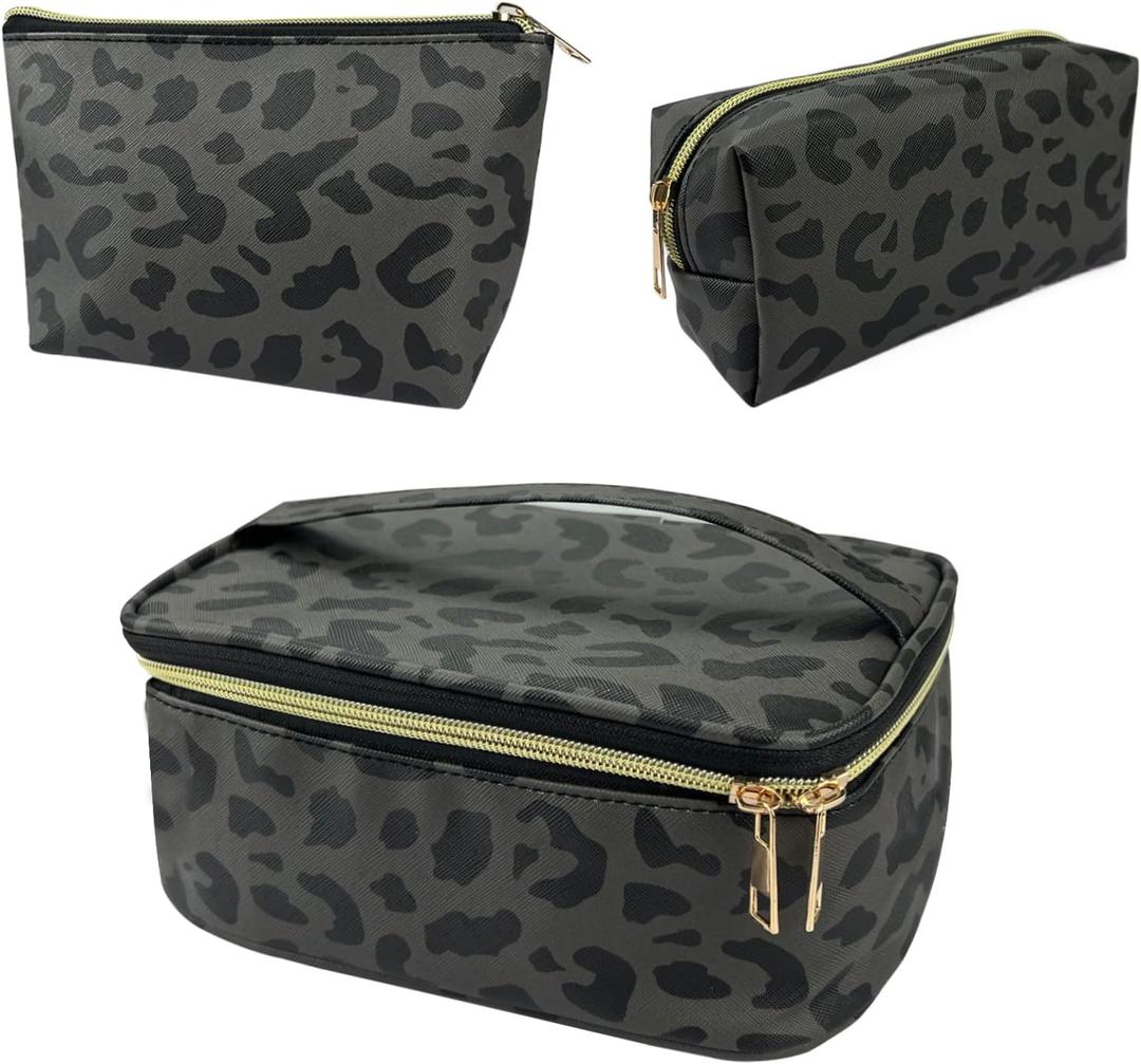 3Pcs Makeup Bag,Travel Makeup Bag,Makeup Bags for Women,Makeup Brush Bag,Large Capacity PU Cosmetic Bag,Waterproof and Durable-Black Grey Leopard Cheetah Pattern