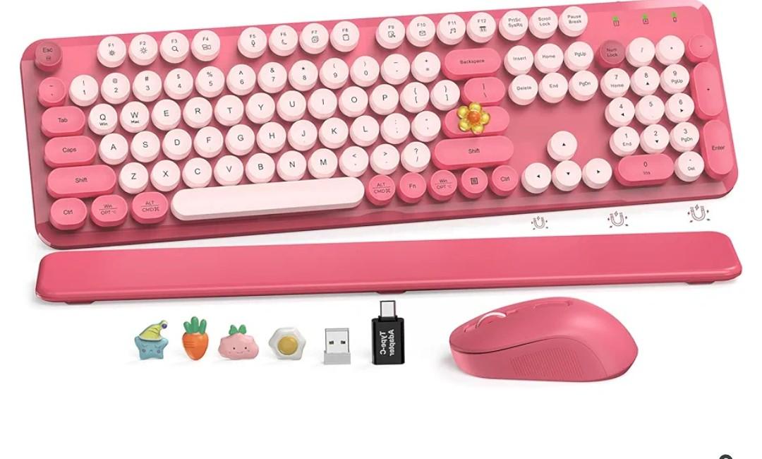 Pink Full-Size Retro Typewriter Keyboard with Round Keycaps, Magnetic Wrist Rest, Tilt Legs, 2.4GHz Cordless for Mac, Windows PC, Laptop, SABLUTE CK23