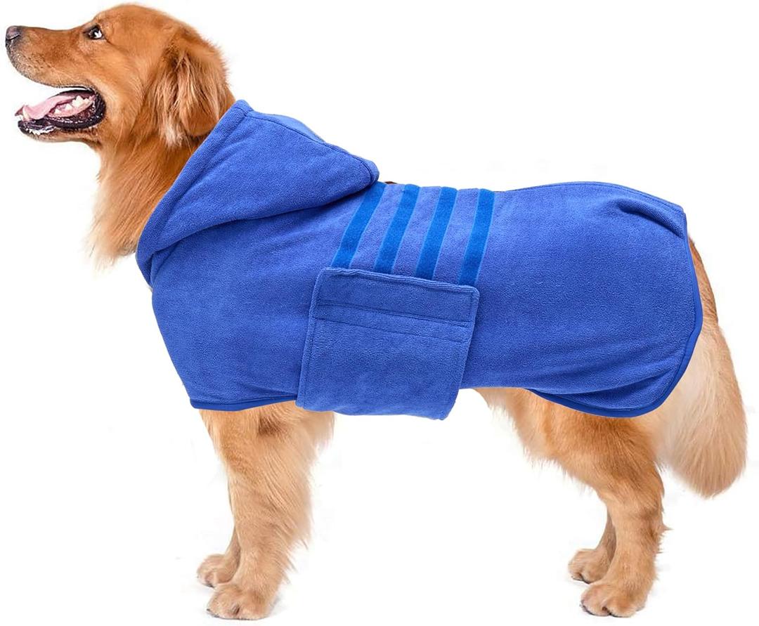 Geyecete Dog Drying Coat with Hood - Absorbent Robe Towel - Microfibre Fast Drying - Blue - XL
