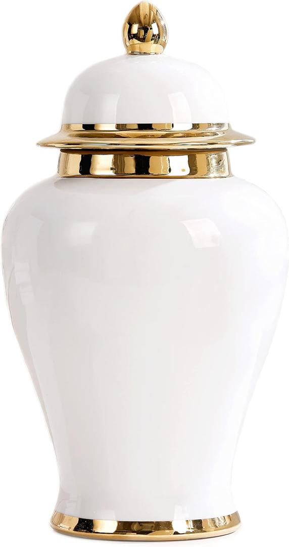 White Ginger Jar With Gold Trim, Ceramic Decorative Vase for Home, Office, Table, Living Room, Bookshelf, Mantle Fireplace, Centerpieces - 15"