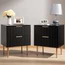 SICOTAS White Night Stand Set 2, Fluted Glossy Nightstand with 2 Drawers, Wide Modern Storage Bedside Table for Bedroom, End Side Table with Golden Metal Legs and Handles (Black, 2 Pieces) only one nightstand set