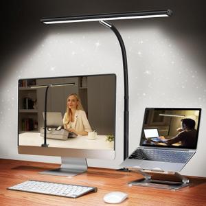 LED Desk Lamp for Office Home, Eye-Caring Desk Light with Stepless Dimming Adjustable Flexible Gooseneck, 10W USB Adapter Desk Lamp with Clamp for Reading, Study, Workbench (Black) (Standard)