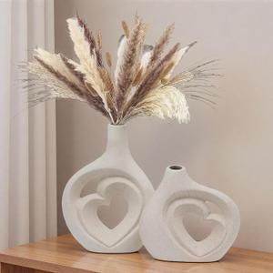 Cream White Ceramic Heart Shaped Vases Set of 2 | 8.5in Nordic Design, For Home Decor, Table Centerpiece, Wedding & Living Room, Bookshelf & Office & Entryway