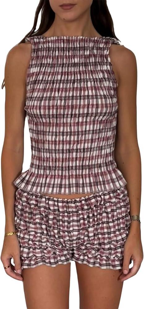 Women 2pcs Smocked Ruffle Shorts Pajamas Set Sleeveless Round Neck Plaid Print Crop Top Elastic Waist Shorts Lounge Set Size S