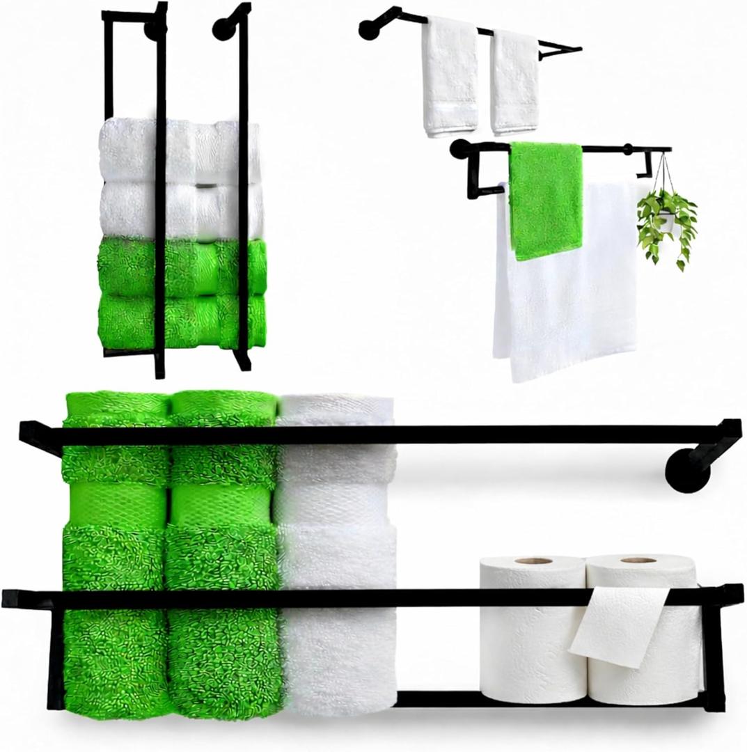 Black Towel Racks for Bathroom Wall Mounted | 4 in 1 Multifuntional, Horizontal & Vertical Wall Towel Holder for Rolled Towels & Double Hanging Towel Bar & Toilet Paper Holder | Towle Rack Rustproof