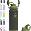 Avodvo 40 oz Insulated Water Bottle with 2 Lids (2-in-1 Straw & Spout Lid, Magnetic Lid), Slim Water Bottle with Strap, Stainless Steel Water Bottle for Hiking, Gym, Travel, BPA-Free, Army Green