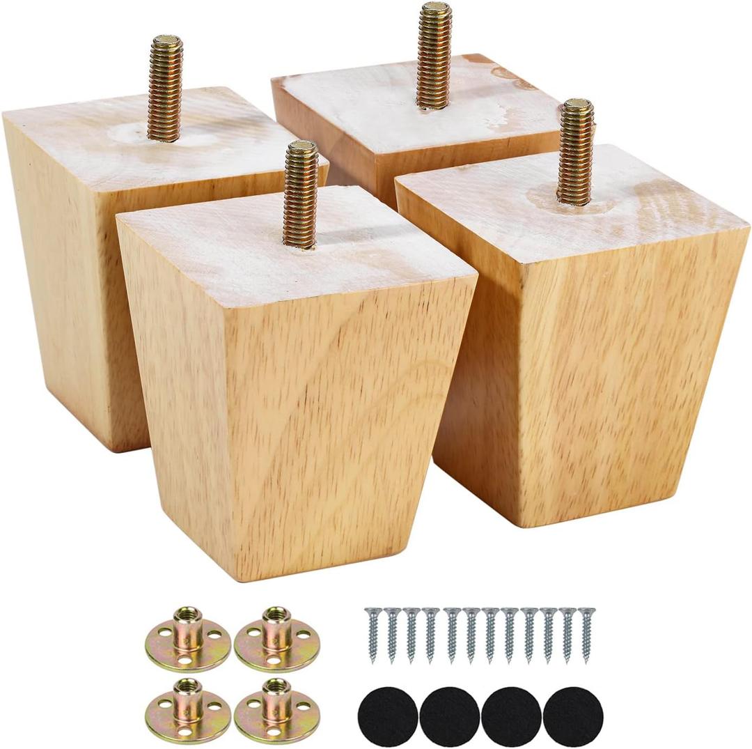 Maricome 3 Inch Furniture Legs Pre-drilled M8 Bolt Replacement Sofa Couch Feet Set of 4 Square Tapered Solid Wood Screw in