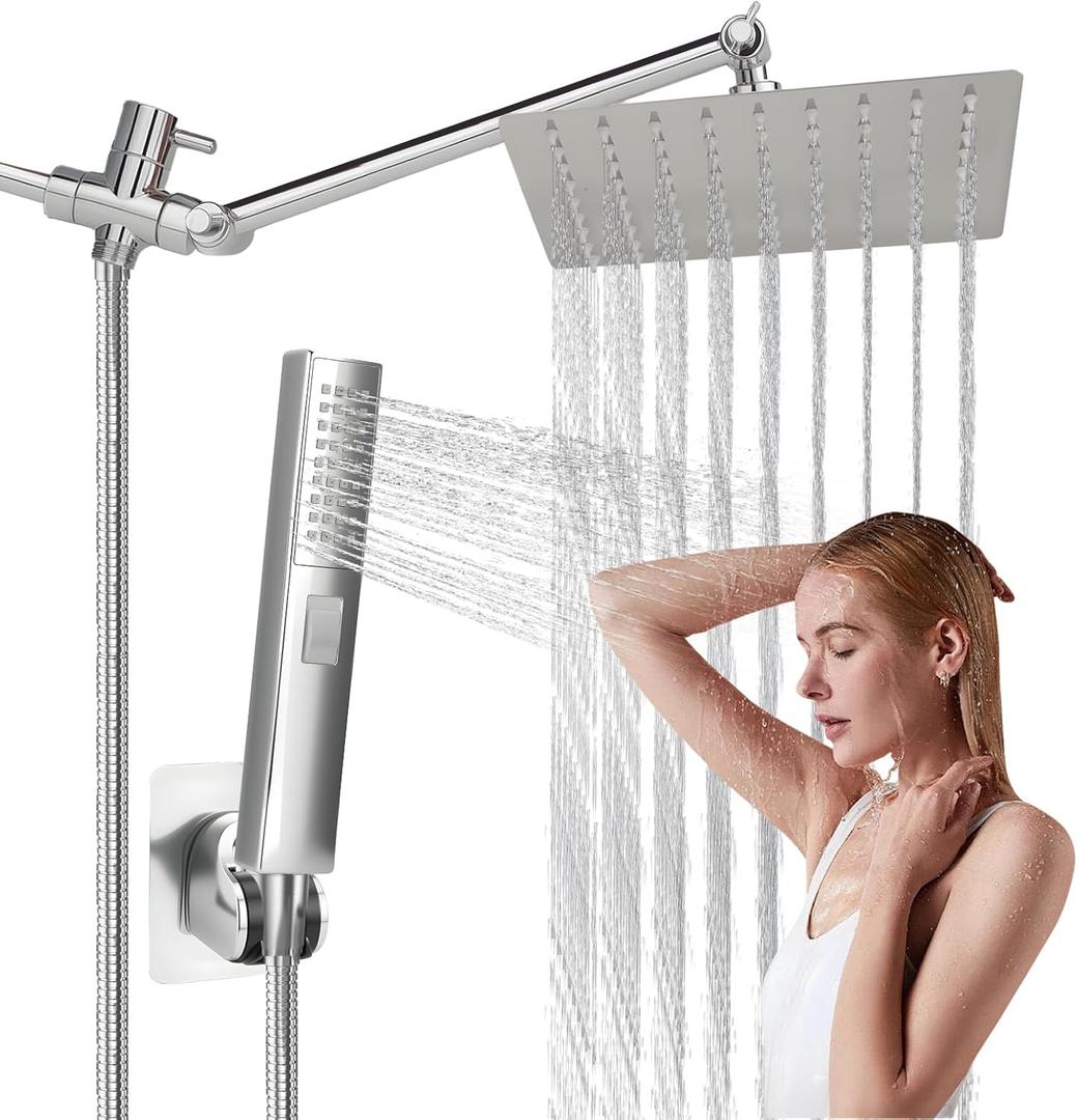 Rainfall Shower Head with Handheld Combo, Rain Shower Head with Handheld Spray 180 Adjustable With Extension Arm, 10 Inch&3 Spray Modes, Rain Shower Head Black - Easy To Install (silvery-1)