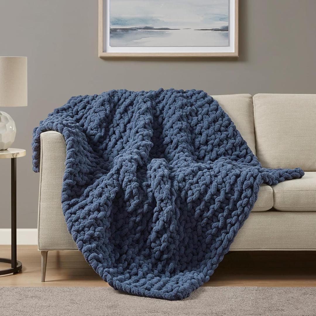 Madison Park Chenille Chunky Knit Handmade Throw Blanket, Luxuriously Soft Gift Blankets, Cottage Style Room Dcor, Lightweight & Breathable All Seasons Throw Blanket for Couch, 50"W x 60"L Navy Blue
