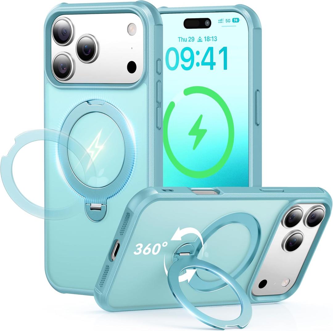 360 Spin Magnetic Stand (Pro-Version) for iPhone 17 Pro Max Case (Compatible with MagSafe) [Military Drop Protection] Matte Translucent Shockproof Protective Phone Case 6.9'', Lake Blue