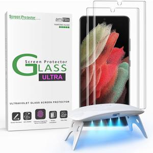 amFilm 3D Curved Screen Protector for Galaxy S21 Ultra 5G 6.8 Inch, Fully Compatible with UltraSonic Fingerprint Scanner, UV Gel Application, Tempered Glass, 2 Pack