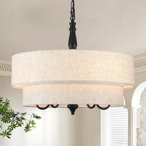 Black Chandelier for Dining Room Modern Farmhouse Drum Chandeliers Two Tiered 5 Light 21.25’’ Inch Hanging Pendant Light for Entryway Kitchen Island Hallway Foyer Stairway Living Room