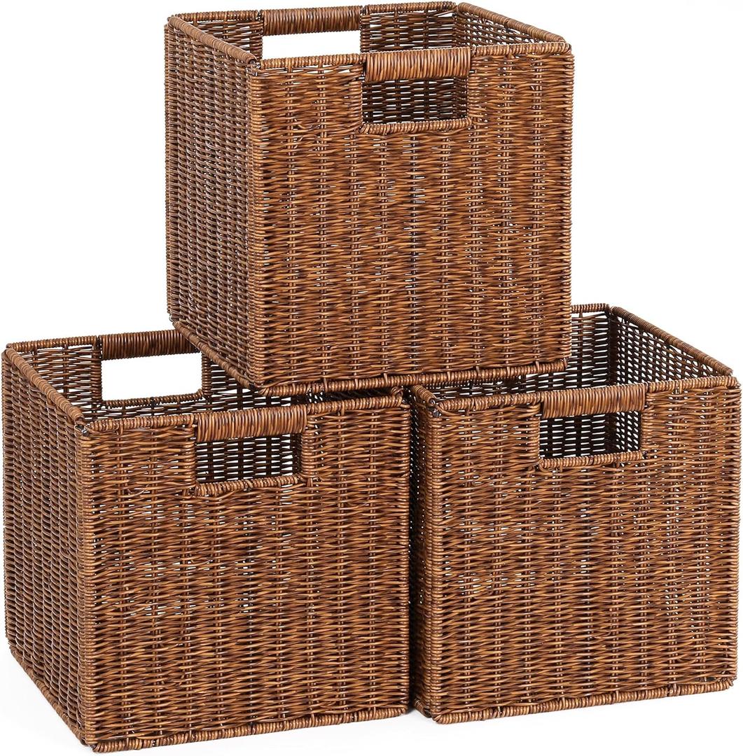 11X11X11in Brown Plastic Wicker Storage Basket, Foldable Cube Woven Storage Basket for Shelves, 11x11 Cube Storage Bins Set of 3, Wicker Storage Baskets for Laundry Nursery Room 11X11X11in Brown Plastic Wicker Storage Basket, Foldable Cube Woven Storage Basket for Shelves, 11x11 Cube Storage Bins Set of 3, Wicker Storage Baskets for Laundry Nursery Room