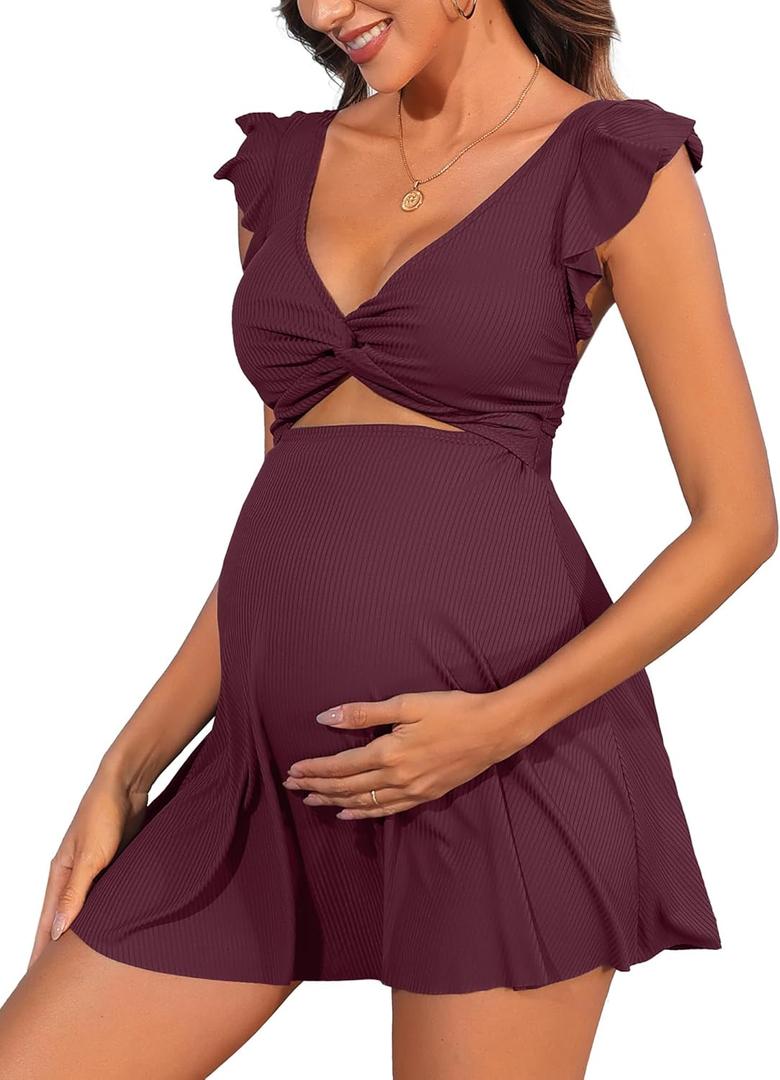 Charmo Ruffle Ribbed Maternity Swimsuit One Piece Cutout Pregnancy Bathing Suits Push Up Twisted Swimwear Swim Dress (Large, Dark Red)