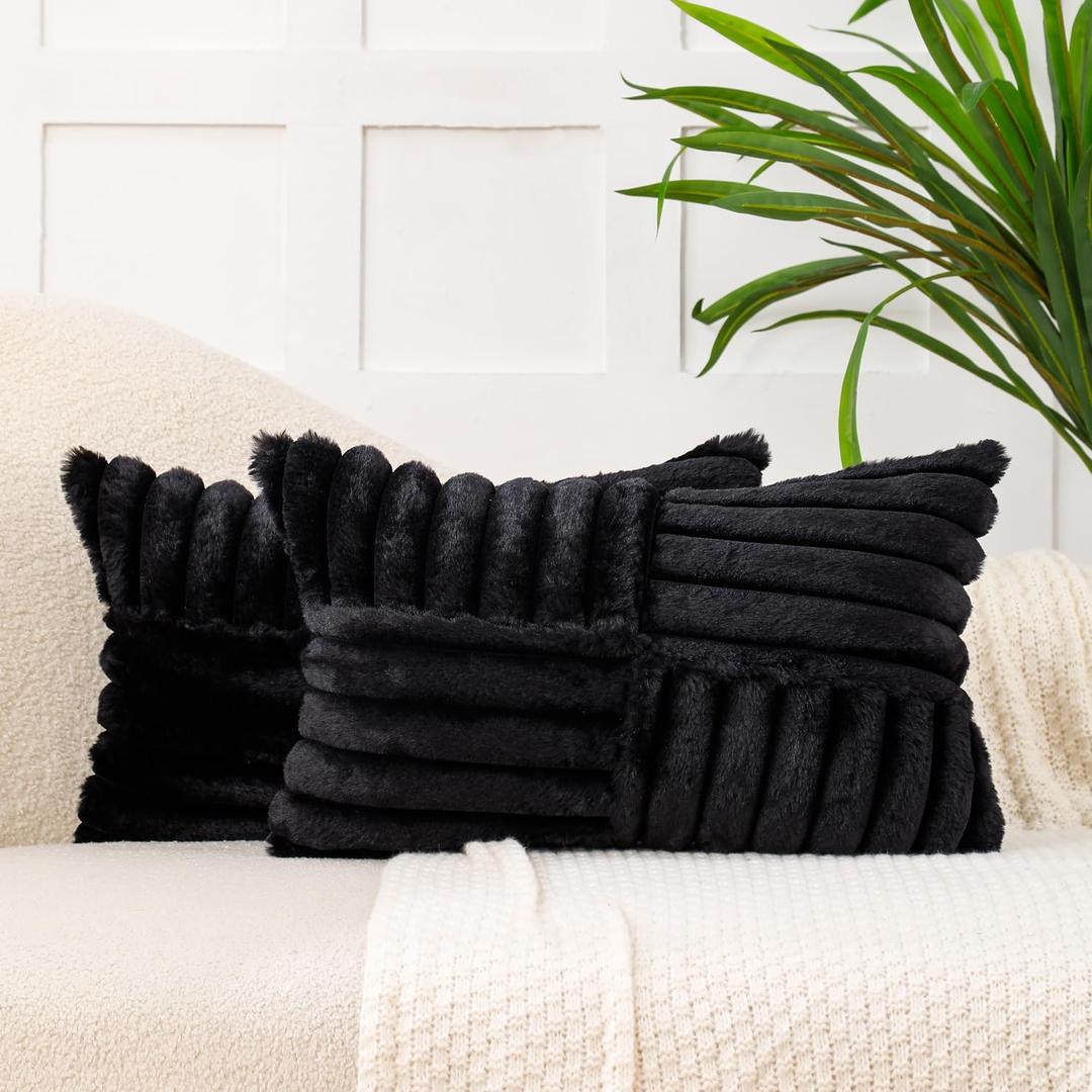All Smiles Couch Decorative Throw Pillow Covers 12X20 Set of 2 Faux Fur Plush Soft Fluffy Lumbar Cushion Case Cozy Fuzzy Striped Pillowcase Home Decor for Bed Sofa Living Room,Black