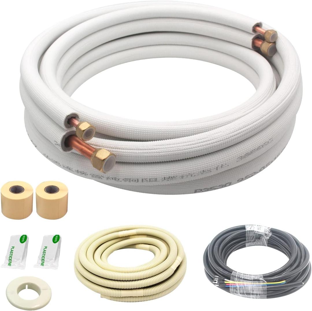 16ft Length Mini Split Line Set,1/4" 3/8" OD Copper Pipes Tubing and 3/8 White PE Thickened Insulated Coil with Flared Nuts for Mini Split Air Conditioner HVAC or Heat Pump System. (16Ft(1/4+3/8))