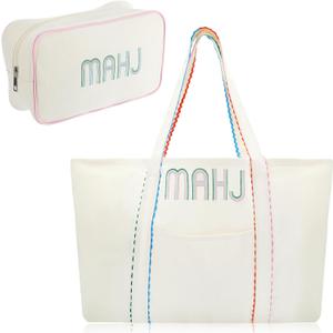 Sadnyy 2 Pcs Mahjong Canvas Tote Bags Set Embroidered Mahjong Tote American Mah Jong Tile Bag with Zipper Carrying All for Women Mah Jong Lover Gift Game Party Overnight Gathering, Case Only(Pastel)