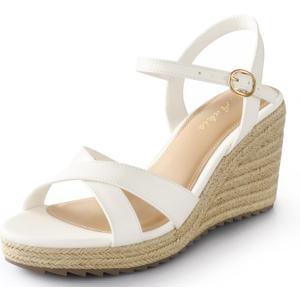 Ankis Wedge Sandals for Women, Espadrille Womens Wedge Sandals Comfortable Open Toe Cross Band Ankle Strap High Heel Wedges for Women Dressy Summer -3.4Inch, Size 7 (Beige)