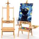 Solid Beech Wood H-Frame Easel, Large Painting Easel with Storage Box and Palette, Professional Foldable Studio Art Easel Stand with Signature Box for Adults, Holds Canvas Art up to 48"