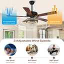 Crystal Chandelier Ceiling Fan with Lights and Remote, Farmhouse Fandelier with 3-Light, Quiet Chandelier Fan for Living Room Bedroom - Reversible AC Motor, 3-Speed, Wood Blades, Timing (52" Black)