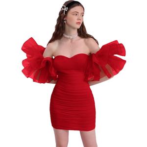 WDIRARA Women's Off Shoulder Puff Sleeve Prom Mesh Dress Ruched Cocktail Bodycon Party Elegant Mini Dresses (Medium)