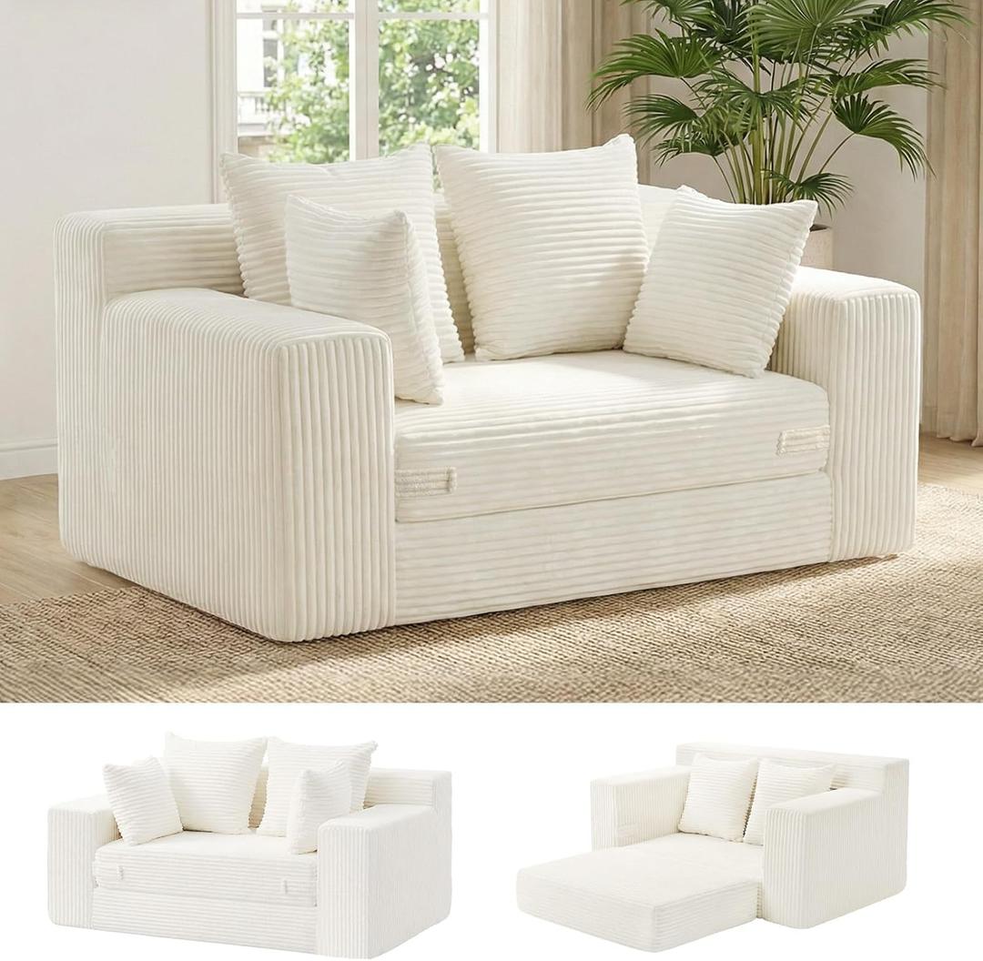 cidludto Convertible Sofa Bed, Boneless Couch 2 in 1 Loveseat Folding Couch Bed Foldable, Boneless Chair Bed & Futon Sofa, Small Couch Corduroy Pull Out Sofa with 4 Pillows for Living Room, Beige, Loveseat-55''
