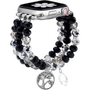 Bracelet Beaded Bands for Women Compatible with Apple Watch Band 42mm 44mm 45mm 46mm 49mm Fashion Handmade Boho Elastic Stretch Strap for iWatch Series 10/9/8/7/6/5/4/3/2/1/SE/Ultra 1 2 (A1 Black Silver)