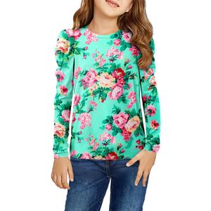 storeofbaby Girls Puff Long Sleeve Shirts Round Neck Tunic Tops Casual Blouses 5-14 Years (Green, XXL)