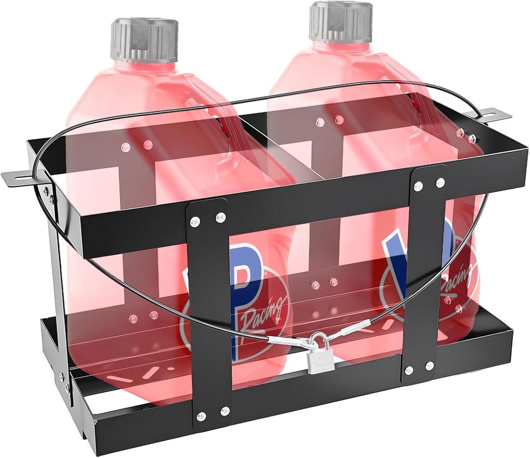 Fuel Jug Holder, Fits Two or Three 5 Gallon Gas Cans, Heavy-Duty Trailer Gas Can Mount Compatible with VP Racing Fuel Jug 5.5 Gallon(11"*11"), All-Metal Fuel Can Rack with Lock Cable & U-Bolts (2 Cans)