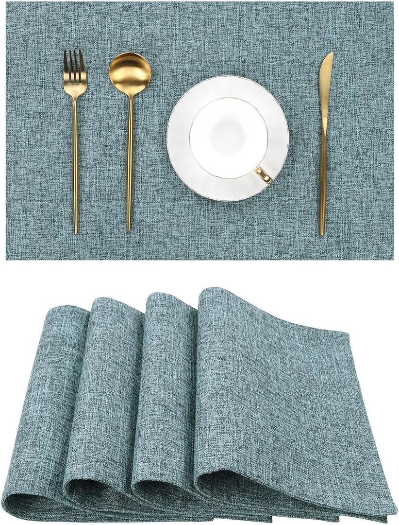 SHACOS Washable Fabric Placemats Set of 4 Heat Resistant Double Layer Cloth Table Mats Non Slip Farmhouse Place Mats, Blue Grey