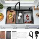 33 Inch Black Waterfall Kitchen Sink Drop In Workstation-Bokaiya 33x22 Kitchen Sink with Faucet Combo Smart Top Mount 304 Stainless Steel 16 Guage Deep Single Bowl Multifunctional Sinks