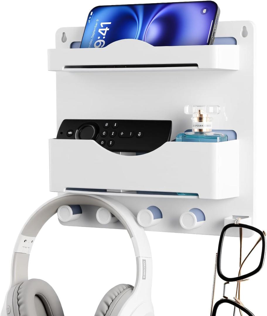 JUMEIHUI Bedside Wall Shelf with Glasses Hooks Adhesive Bedside Organizer Wall Mount for Dorm and Room Accessories PhoneRemoteEarphone Kindle (White) JUMEIHUI Bedside Wall Shelf with Glasses Hooks Adhesive Bedside Organizer Wall Mount for Dorm and Room Accessories PhoneRemoteEarphone Kindle (White)