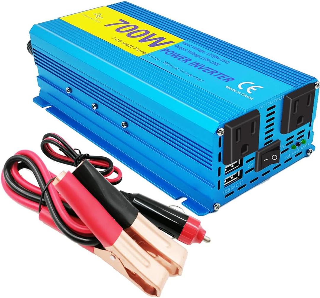 700W Pure Sine Wave Power Inverter DC 12V to 110V AC Converter, with 2 AC Outlets & 2 USB Ports, for Home/RV/Truck/Vehicle, Quieter & Cooler with Advanced Safety Protection