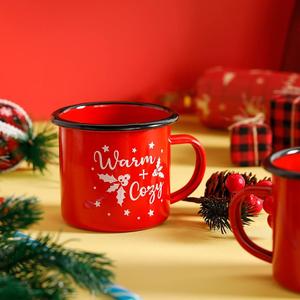 1 Pack Christmas Enamel Mugs Xmas Red Enamel Mug Gifts Merry and Bright Santa Enamel Tea Cups Seasonal Holiday 12 Ounce Christmas Mug for Women Coworkers Vintage Camping (Vivid Style)