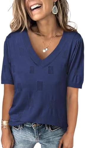 ANRABESS Summer Tops for Women Short Sleeve V Neck Sweaters Dressy Casual Blouses Lightweight Thin Knit Fashion Shirts. Medium Navy