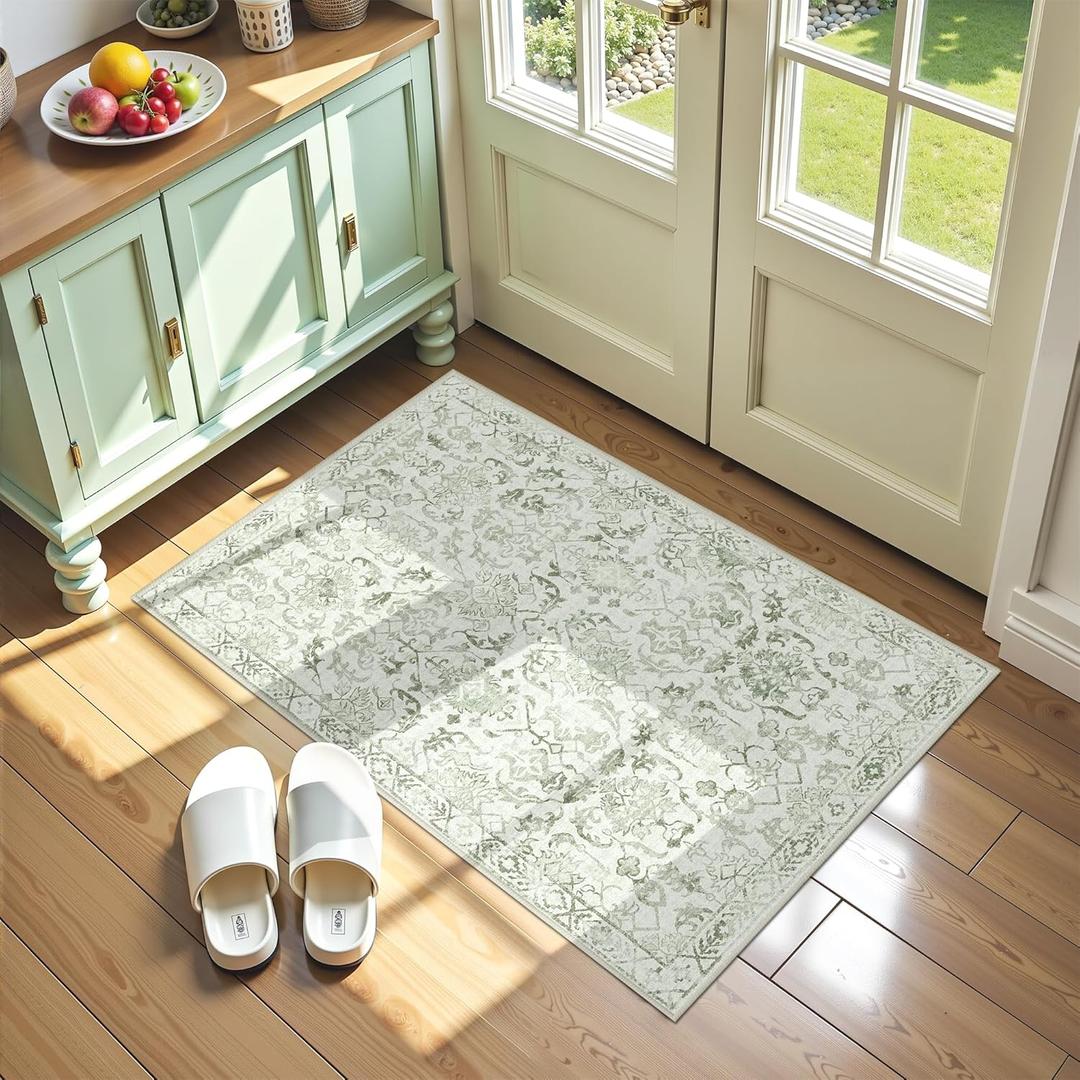 Sage Small Area Rug 2x3 Throw Rug for Entryway Bathroom Kitchen, Non-Slip Low-Pile Washable Distressed Modern Boho Floor Carpet for Laundry Room, Indoor Washstand Vanity Front Mat 24x36 Inch