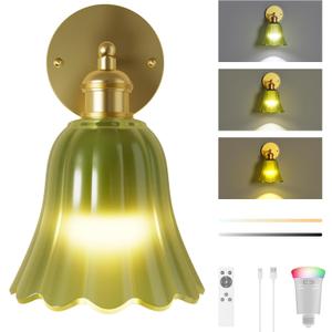 FULEN Battery Operated Wall Sconce with Green Tulip Glass Lampshade Wireless Sconces 10000mAh Rechargeable Battery Powered Wall Light with Remote Control for Vintage Decor Bedside Bedroom Livingroom