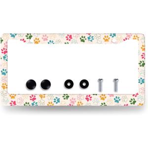 Colorful Dog Paws License Plate Frame Animal Dogs License Plate Holder Stainless Steel Funny Design with 2 Holes and Screws 12.3" x 6.3"