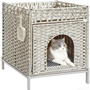 Homegroove Cat Beds for Indoor Cats, 18.5x20.5x19.1 inch Large Cat Bed Cave Cat Hideaway with Soft Litter Mat, Comfortable Handwoven Rattan Cat House Indoor for Living Room, Bedroom (Grey)