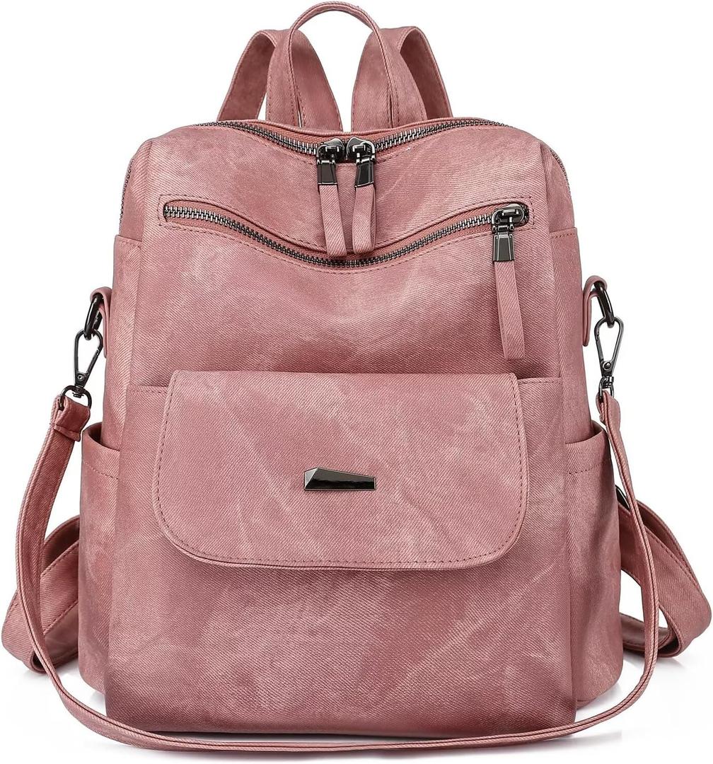 WYFJNX PU Leather Backpack Purse for Women Fashion Multipurpose Design Handbag Ladies Shoulder Bags Travel Backpack Pink, 12“*11“*6“