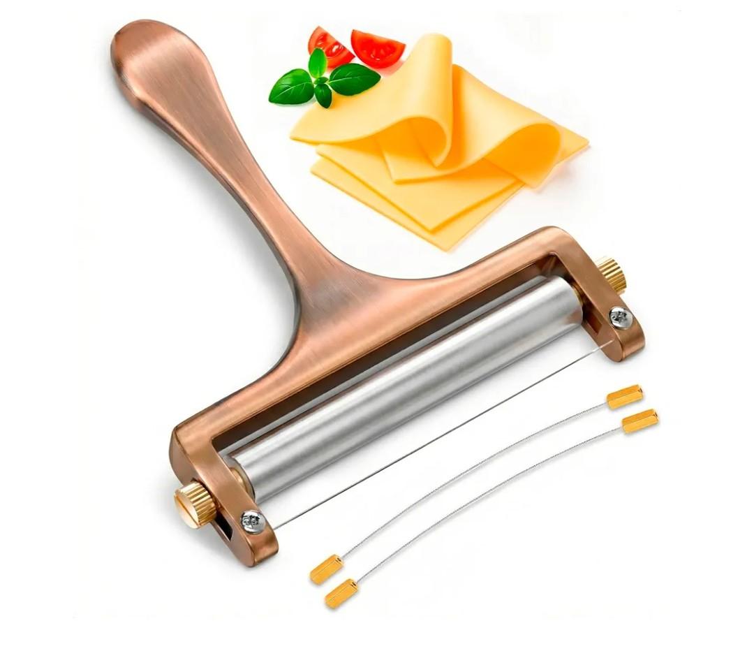 Stainless Steel Cheese Slicer for Block Cheese – Effortless Even Slices Every Time, Handheld Wire Slicer with Adjustable Thickness for Mozzarella, Cheddar, Gruyere, 2 Replacement Wires, Bronze Finish