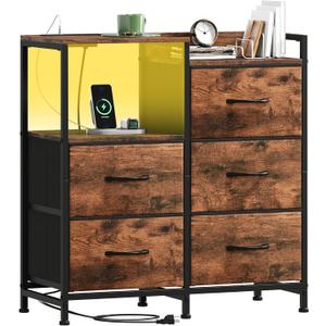 Somdot Nightstand with Charging Station and LED Light, Wide 5 Drawers Dresser for Bedroom with Fabric Bins and Open Shelf for Bedroom Kids Closet Dorm Guest Room, Wood Grain Print