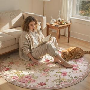 Lahome Floral Round Entryway Rug 4ft,Small Washable Circle Rug for Girls Bedroom Bathroom,Vintage Carpet for Kids Room, Office, College Dorm Nina