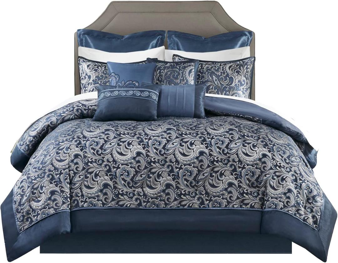 Madison Park Essentials Brystol 24 Piece Room in a Bag Faux Silk Comforter Jacquard Paisley Design Matching Curtains Down Alternative All Season Bedding-Set, Cal King(104 in x 92 in), Navy 24 Piece