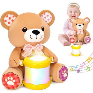 V-Opitos Stuffed Bear Musical Toys for Baby 6-12 Months+, Early Learning Light up Music Drum, Perfect Christmas Birthday Gifts for Boy & Girl Age 1, 2 Years Old